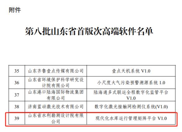 山東水設現代化水庫運行管理矩陣平臺被認定為首版次高端軟件產品